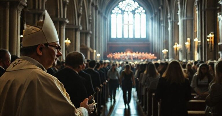 Solemne zdjęcie wnętrza Ełckiej Katedry podczas pseudo-liturgii pod przewodnictwem „Biskupa” Dariusza Zalewskiego. Młodzi ludzie kierują się w kierunku sekularnego koncertu, symbolizując rozpad sakralnego na profanum.