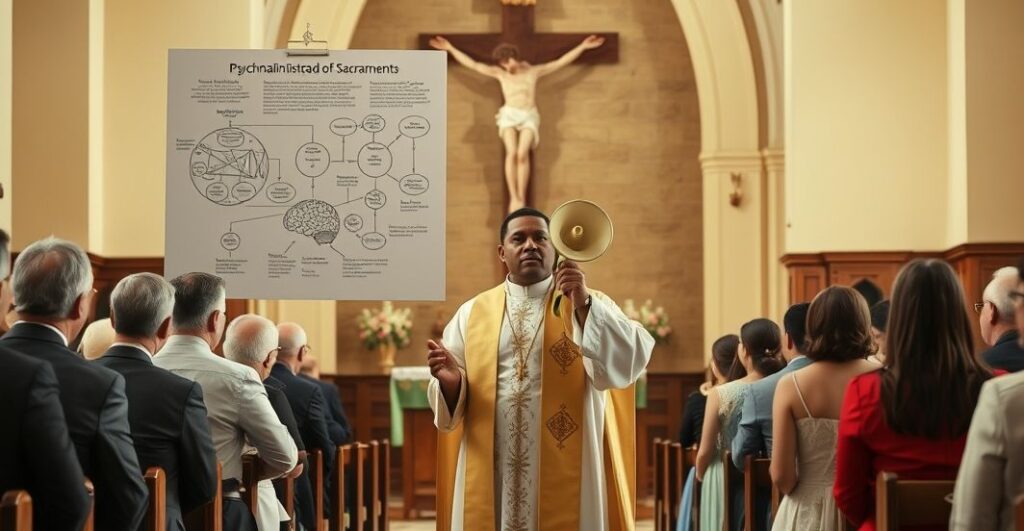 Tradycyjny kapłan w ornacie stoi w kościele, otoczony nieszczęśliwymi małżonkami, podczas gdy nowoczesny flipchart z psychologicznymi diagramami zasłania ołtarz. Kapłan trzyma megafon z napisem 'Psychologia zamiast sakramentów'. Scena jest oświetlona naturalnym, poważnym światłem, podkreślając konflikt między naturalistyczną psychologią a nadprzyrodzonym powołaniem sakramentu małżeństwa.