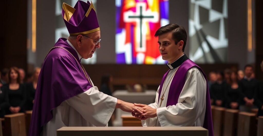 Wielka obłóczyny w nowoczesnej kaplicy, gdzie „biskup” poświęca seminarianina w białej sutannie. Scena oświetlona sztucznym światłem, na tle nieinteresujące twarze pseudo-kleru i seminarianów. Zamiast tradycyjnych sakralnych dzieł sztuki - abstrakcyjne dekoracje modernistyczne. „Biskup” trzyma zmieniony miszał, seminarianin ma wymuszoną uśmiech, jego oczy wyrażają niepewność. Ołtarz pusty, tylko jeden, bezsmakowy kielich, symbolizujący pustkę udzielanego sakramentu.
