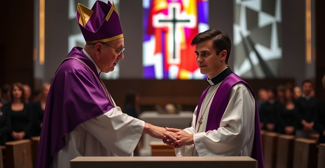 Wielka obłóczyny w nowoczesnej kaplicy, gdzie „biskup” poświęca seminarianina w białej sutannie. Scena oświetlona sztucznym światłem, na tle nieinteresujące twarze pseudo-kleru i seminarianów. Zamiast tradycyjnych sakralnych dzieł sztuki - abstrakcyjne dekoracje modernistyczne. „Biskup” trzyma zmieniony miszał, seminarianin ma wymuszoną uśmiech, jego oczy wyrażają niepewność. Ołtarz pusty, tylko jeden, bezsmakowy kielich, symbolizujący pustkę udzielanego sakramentu.
