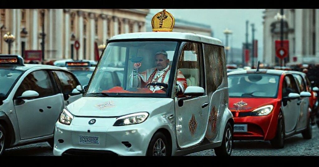 Wizerunek elektrycznego "papamobile" z fałszywym "papieżem" Leonem XIV w Watykanie, otoczony pojazdami elektronicznymi w kolorach masońskich.