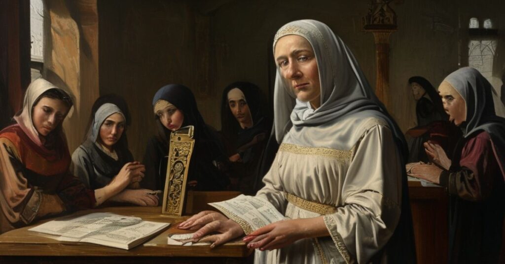 Portret Eleonory Motylowskiej w tradycyjnym stroju katolickim przed kaplicą z kobietami pracującymi w warsztacie krawieckim