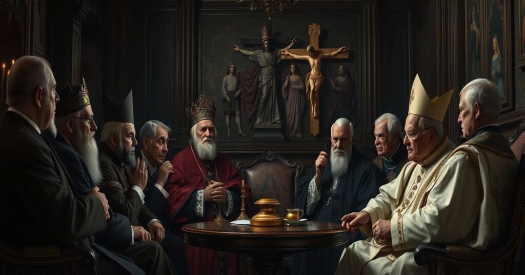 Scena katolicka przedstawiająca zamożnych elit w pokoju pełnym symboli światowych, ignorujących Chrystusa Króla