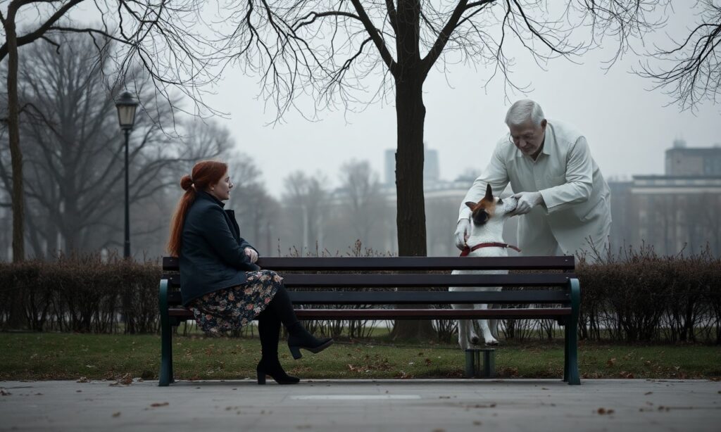 Eliza Kącka siedzi samotnie na ławce w parku. Jej ojciec - weterynarz - opiekuje się psem na tle.