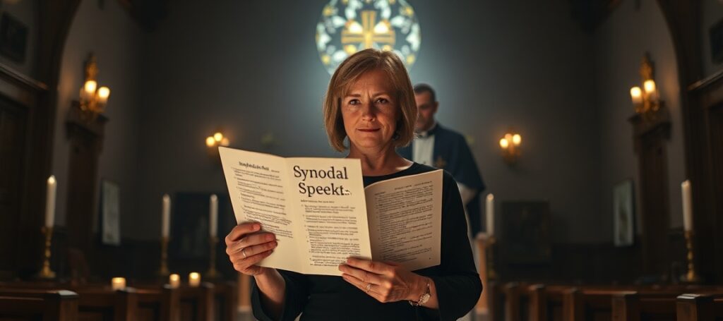 Elizabeth Yore przed ołtarzem w tradycyjnej kościelnej atmosferze z dokumentem SynodalSpeak
