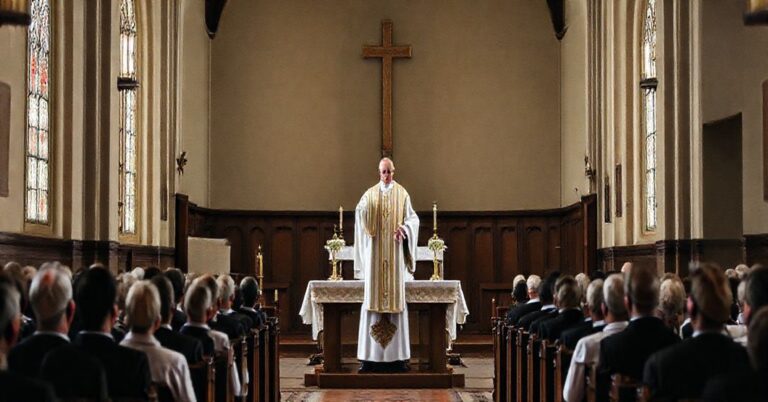 Solemne wnętrze kościoła z tradycyjnym wystrojem, przedstawiające nielicytą „ordynację” w seminarium duchownym. Mężczyzna w modernistycznych szatach liturgicznych stoi przy ołtarzu, kładąc stolarz na ministrancie, otoczony poważnymi widzami. Scena brakuje nadprzyrodzonej wagi, podkreślając pustą rytualność cerkwnej ceremonii posoborowej.