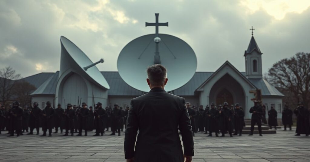 Elon Musk przed satelitą Starlink z tłem wojny i opuszczonego kościoła