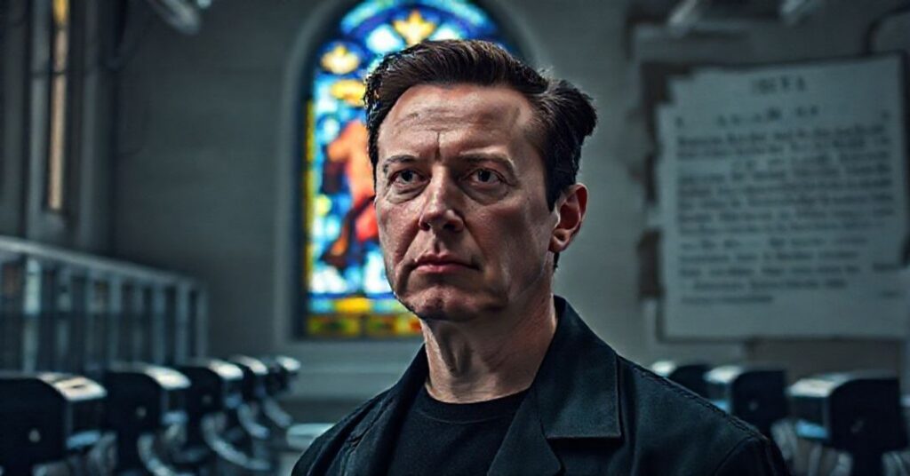 Portret Elona Muska w przestronnej laboratorium Neuralink z widokiem na kościół katolicki przez witraż przedstawiający Ukrzyżowanie. Scena symbolizuje konflikt między technologią a wiarą.