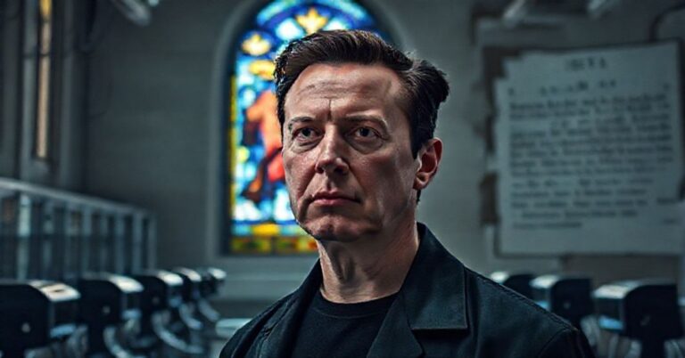 Portret Elona Muska w przestronnej laboratorium Neuralink z widokiem na kościół katolicki przez witraż przedstawiający Ukrzyżowanie. Scena symbolizuje konflikt między technologią a wiarą.