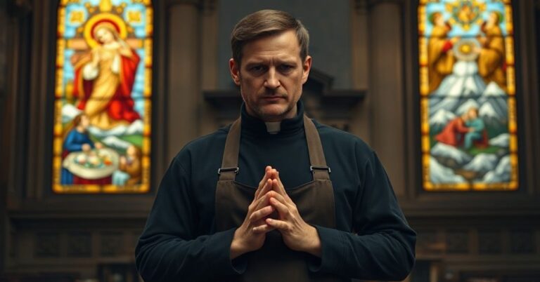 Emanuel Brünisholz modli się w tradycyjnym kościele katolickim przed witrażem Serca Jezusowego
