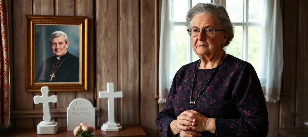 Obrázek przedstawiający Emilię Kaczorowską w tradycyjnym polskim domu z różańcem w ręku i refleksyjnym wyrazem twarzy. Na tle znajduje się portret młodego Karola Wojtyły i biały nagrobek z kwiatami.