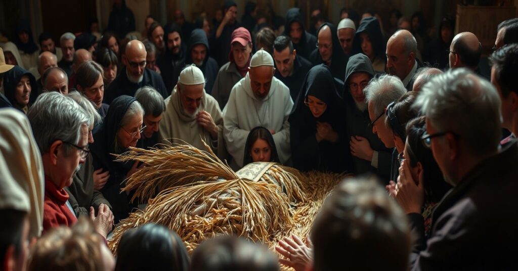 Pielgrzymi modlący się przy relikwiach św. Franciszka w Asyżu podczas bezprecedensowego wystawienia szczątków w 800-lecie śmierci świętego. Sceny emocjonalnej dewocji bez obecności Chrystusa i Mszy Świętej.