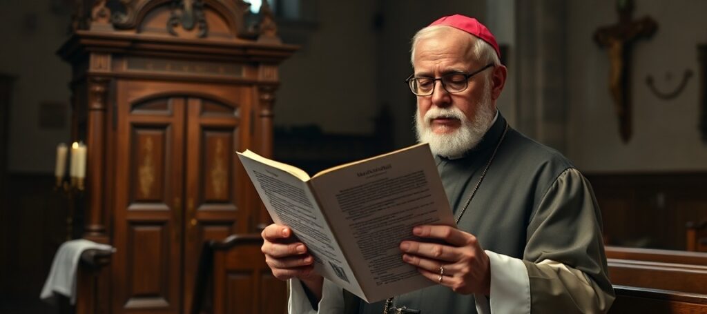 Ksiądz katolicki czyta encyklikę 'Magnifica humanitas' w kościele