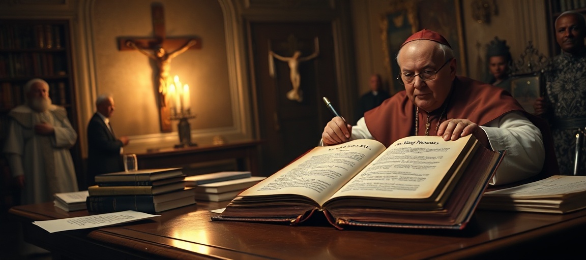 Obraz przedstawiający studium Watykańskie z encykliką Magnifica Humanitas i postaciami symbolizującymi synkretyzm religijny.