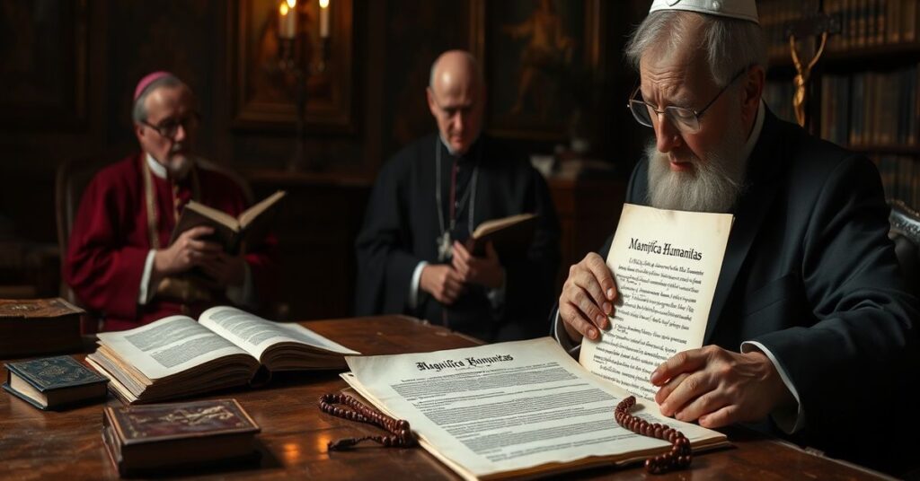 Solemne zdjęcie przedstawiające tradycyjnie katolicką scenę dotyczącą fałszywej encykliki Magnifica Humanitas