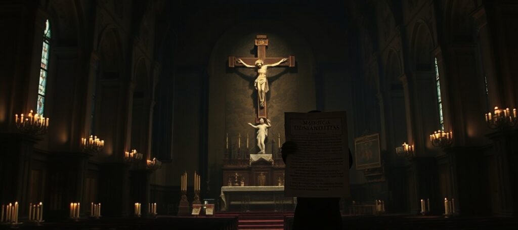 Wnętrze kościoła z krzyżem i dokumentem 'Magnifica Humanitas' uzurpatora Leo XIV