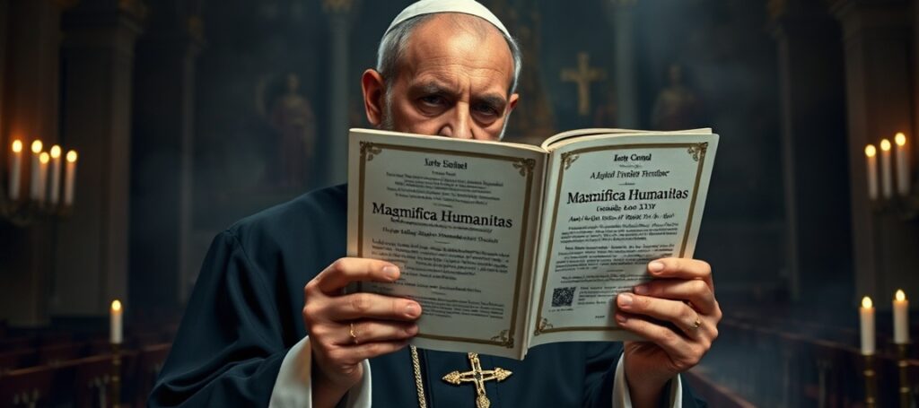 Obraz przedstawiający tradycyjnego katolickiego księdza w sutannie trzymającego heretycką encyklikę 'Magnifica Humanitas' uzurpatora Leona XIV w opuszczonej kościelnej przestrzeni.