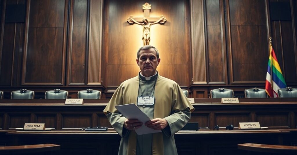 Enoch Burke, katolicki nauczyciel stoi przed sędzią w sali sądowej, symbolizując duchową walkę o prawo Boże przeciwko totalitaryzmowi genderowemu.