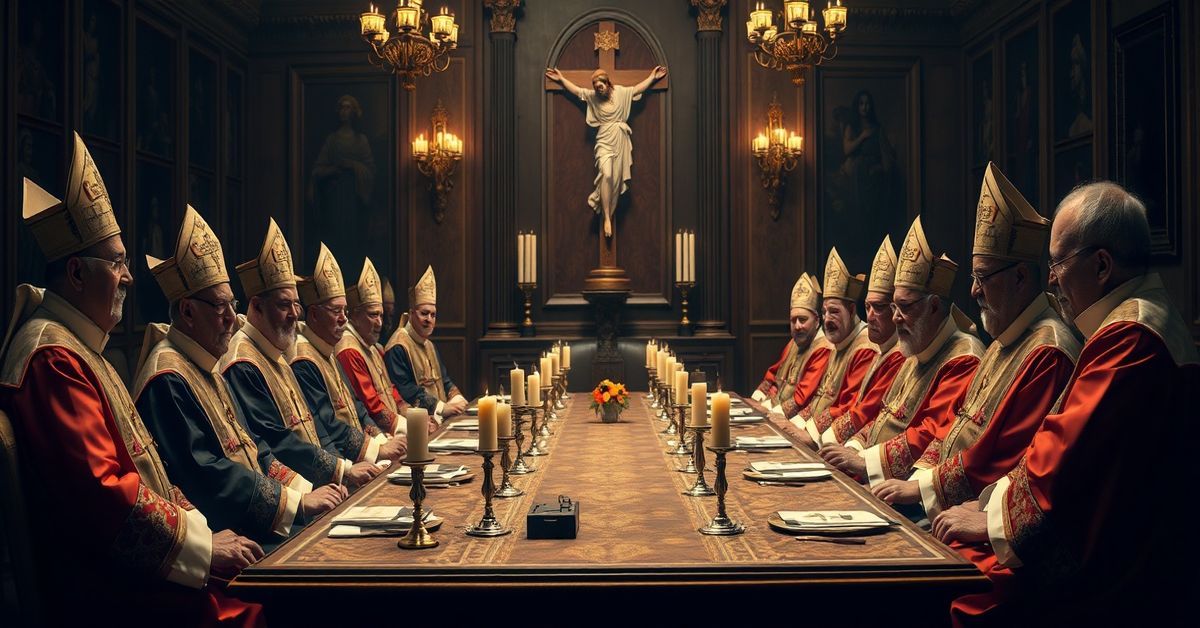 Zebranie modernistycznych 'biskupów' w strojach liturgicznych w opulentnym salu konferencyjnym