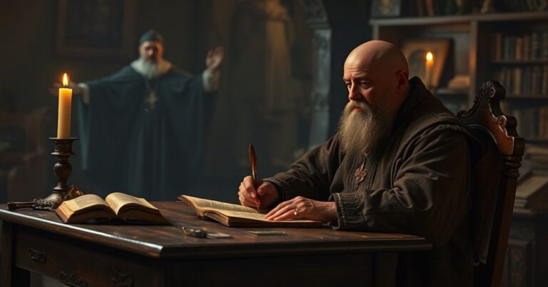 Erazm z Rotterdamu przy stole z piórem i pergaminem w otoczeniu starożytnych rękopisów. Na tle widoczni są postacie św. Ignacego z Loyoli i Piusa IX wyrażające niezgodę.