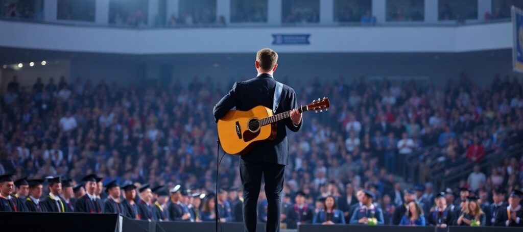 Eric Church na scenie Uniwersytetu Północnej Karoliny w Chapel Hill podczas przemówienia na uroczystości absolwenckich w 2026 roku