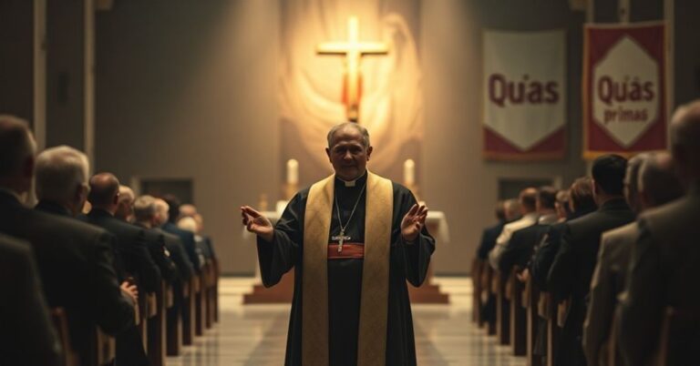 Obraz przedstawiający 'bpa' Erika Vardena z Norwegii w nowoczesnym kościele bez tradycyjnych katolickich elementów.