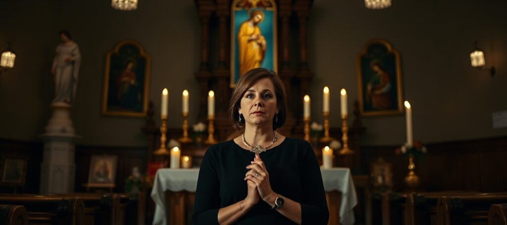 Erika Kirk modli się przed tradycyjnym ołtarzem katolickim, symbolizując żałobę i wiarę w obliczu przemocy