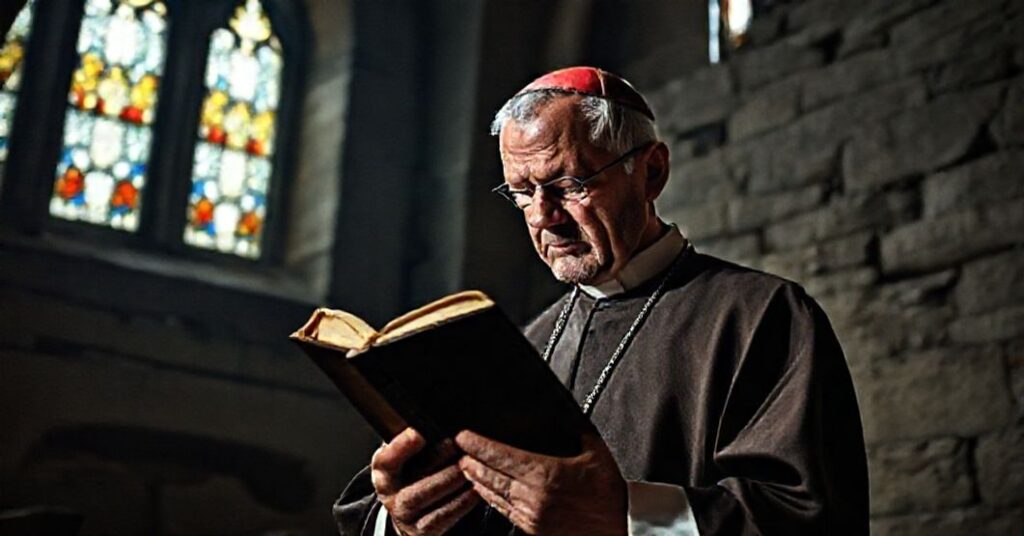 Stary biskup w tradycyjnym stroju katolickim rozważa erozję apostolskiego autorytetu w ciemnej katedrze z kamiennymi murami.