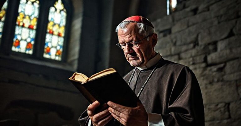 Stary biskup w tradycyjnym stroju katolickim rozważa erozję apostolskiego autorytetu w ciemnej katedrze z kamiennymi murami.