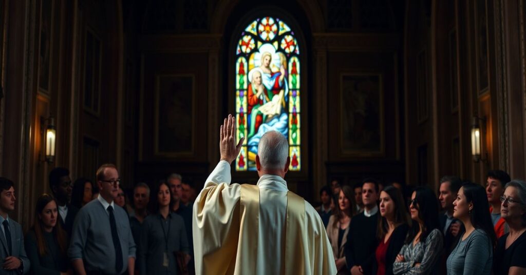 Tradycyjny kapłan z habitem w kościele z tłumem słuchaczy przed witrażem przedstawiającym chrzest Chrystusa