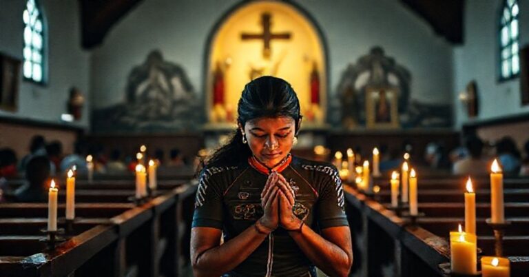 Estefanía Herrera w modlitwie w kościele katolickim, otoczona świecami i ikonami religijnymi, symbolizującą nadzieję i odkupienie.