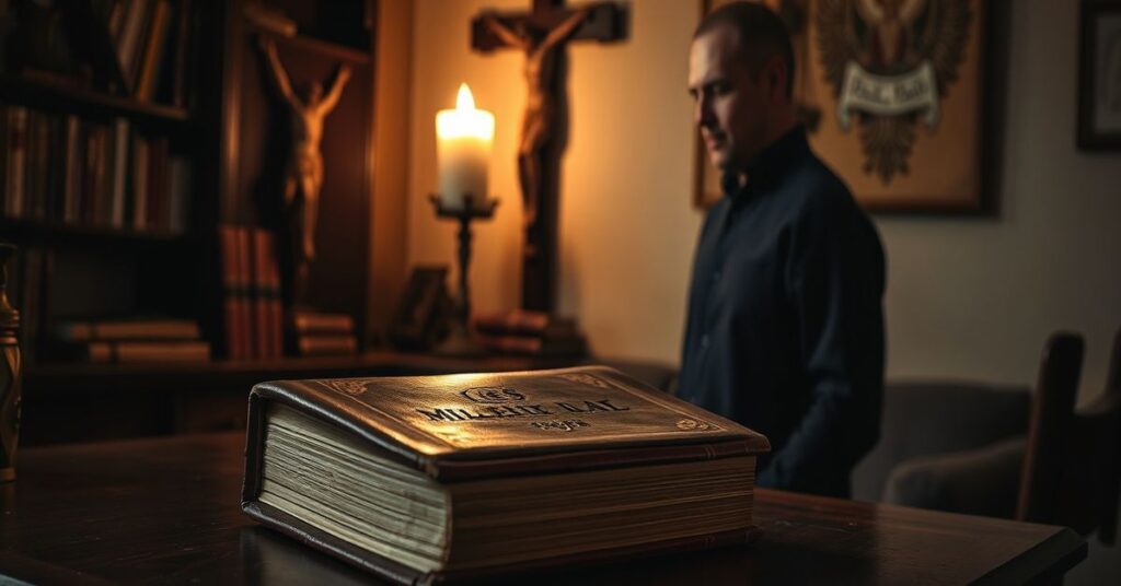 Stary egzemplarz 'Kwiatów zła' Charles'a Baudelaire'a na drewnianym stole z zapalonymi świecami w cieniu