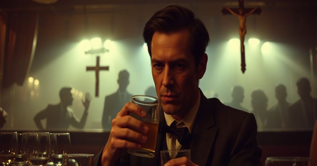 Ethan Hawke jako Lorenz Hart w filmie 'Blue Moon', przedstawiony w atmosferze rozpaczy i moralnego upadku w barze na Broadwayu.