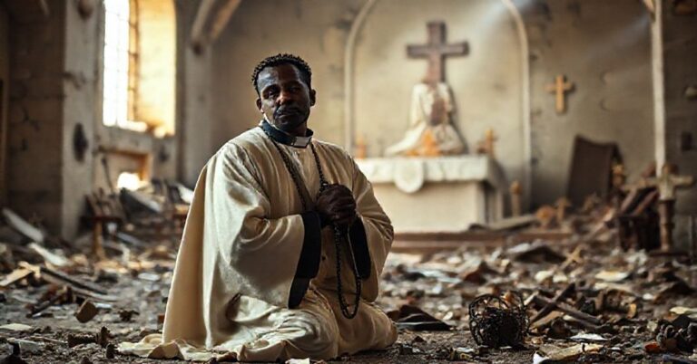 Kneeling Catholic priest in traditional vestments praying before a destroyed altar in Ethiopia, symbolizing faith and resistance against violence.
