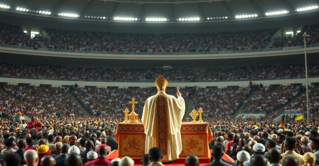 Obraz przedstawiający fałszywą mszę wodzoną przez Leon XIV na stadionie w Duali w Kamerunie.