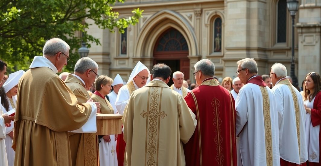 Eucharystia w tradycyjnej katolickiej liturgii na zewnątrz Zdjęcie realistyczne i pełne szacunku, ukazujące eucharystyczną liturgię na zewnątrz, z duchownymi w tradycyjnych szatach, wiernymi w modlitewnej skupieniu, odzwierciedlające wierne i ortodoksyjne podejście katolickie.