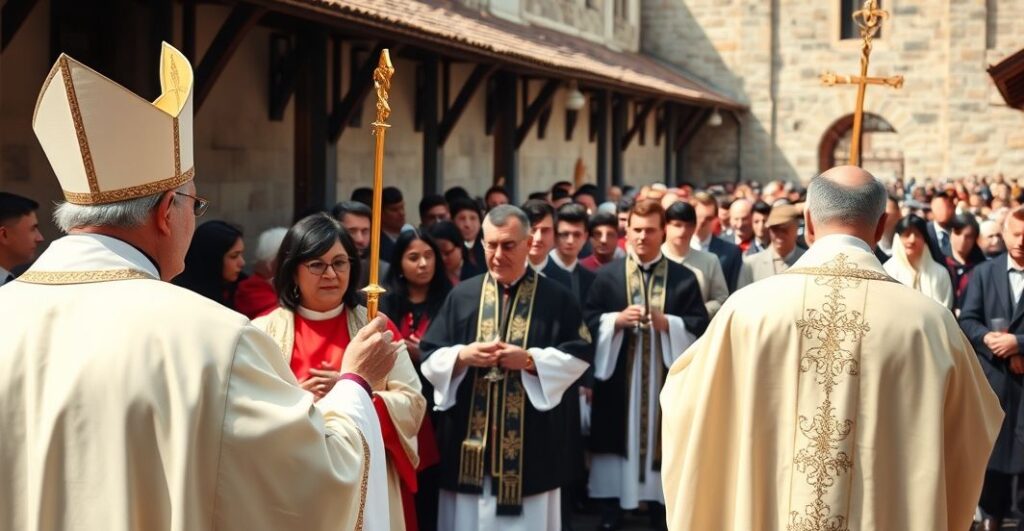 Kapłan w tradycyjnych szatach prowadzący Eucharystię z Najświętszym Sakramentem w tradycyjnym kościele, ukazując powagę i wiarę katolicką.