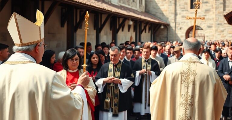 Kapłan w tradycyjnych szatach prowadzący Eucharystię z Najświętszym Sakramentem w tradycyjnym kościele, ukazując powagę i wiarę katolicką.