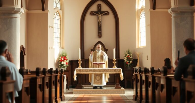 Rewerentny obraz katolickiego altar, kapłan odprawiający Eucharystię w skromnym kościele przy miękkim świetle, podkreślający sakralność i oddanie wobec Boga.