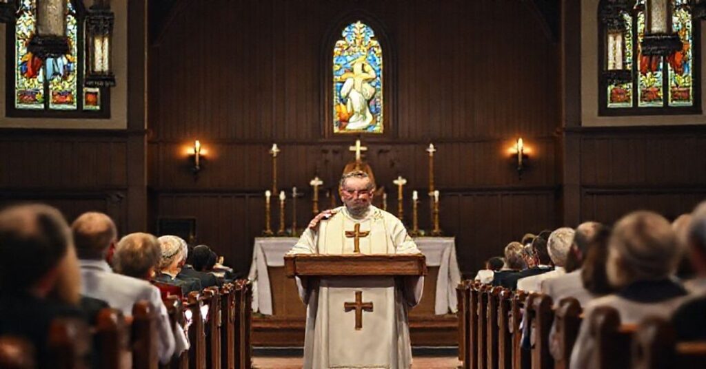 Sobór tradycyjny w kościele z księdzem prowadzącym wykład o Eucharystii.