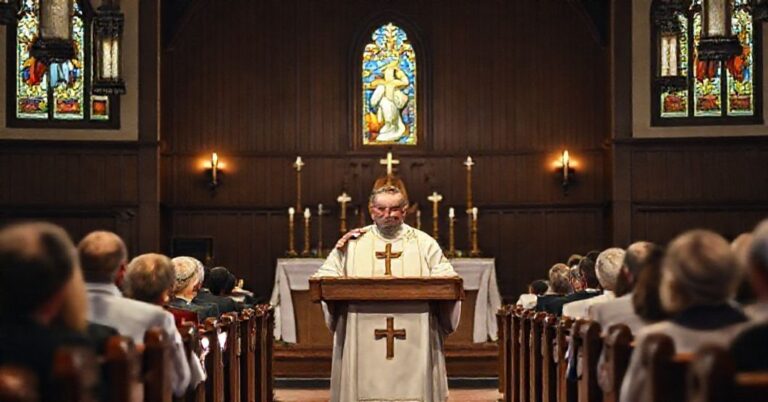 Sobór tradycyjny w kościele z księdzem prowadzącym wykład o Eucharystii.