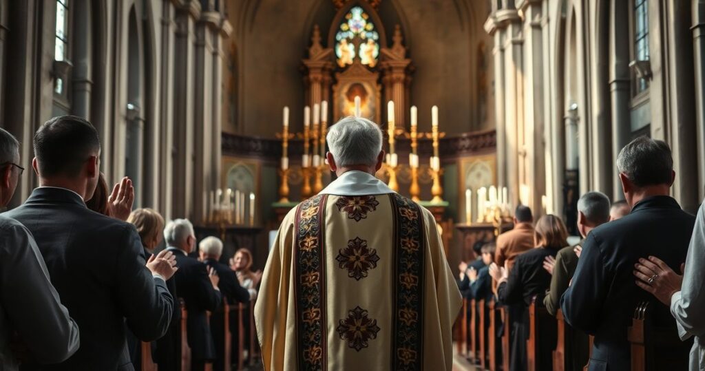 Kapłan w tradycyjnym stroju katolickim podczas Eucharystii w kościele, ukazujący sakrament i modlitwę wiernych