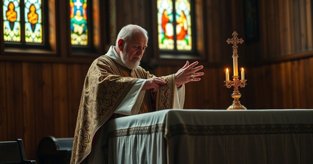 Realistyczny obraz starszego kapłana w tradycyjnych szatach, sprawującego Eucharystię w skromnym kościele, ukazujący głęboką pobożność i sakralną atmosferę.