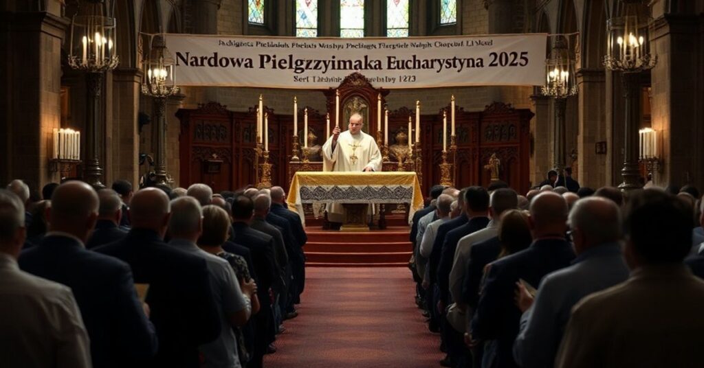 Tradycyjna msza św. w kościele katolickim z wiernymi modlącymi się przed ołtarzem.