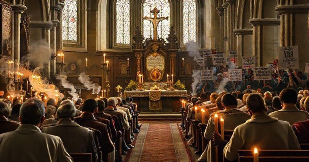 Tradycyjna msza katolicka w europejskim kościele z wiernymi modlącymi się na kolanach; w tle demonstranci antychrześcijańscy