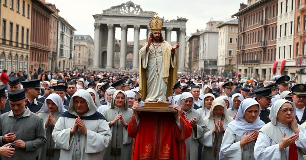 Pielgrzymi katolickie pod sztandarem Chrystusa Króla w zniszczonym mieście europejskim