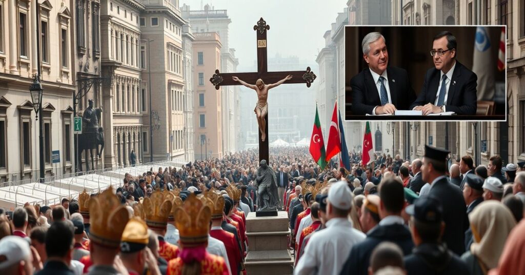 Pielgrzymka katolicka w historycznym mieście europejskim z wielkim krzyżem w centrum i wiernymi w tradycyjnych strojach.