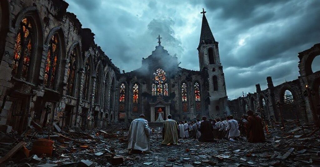 Zniszczony kościół katolicki po podpaleniu w Europie, z dymem unoszącym się nad ruinami i grupą modlących się wiernych.