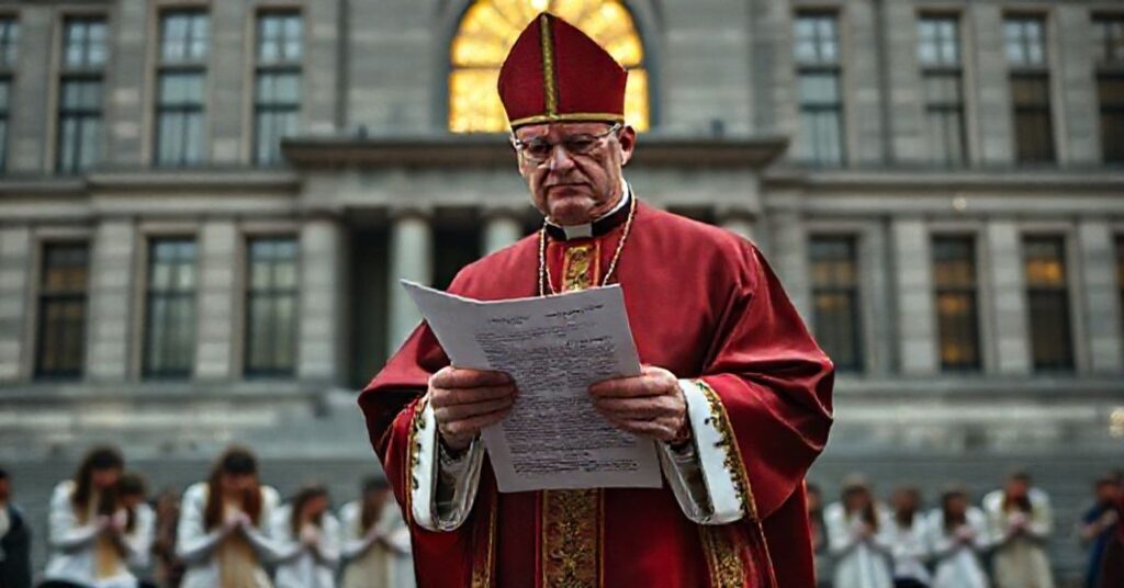 Ksiądz w tradycyjnych szatach liturgicznych przed budynkiem Parlamentu Europejskiego z rozstrzygnięciem w ręku, z poruszonym wyrazem twarzy. Grupa młodych ludzi modli się klęcząc, podczas gdy delikatne światło z okna kościoła oświetla scenę. Obraz wyraża głęboki smutek i oburzenie z powodu upadku moralnego.