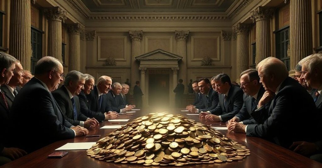 Obraz przedstawiający europejskich polityków dyskutujących nad podziałem funduszy unijnych w przestronnej sali w stylu neoklasycznym.